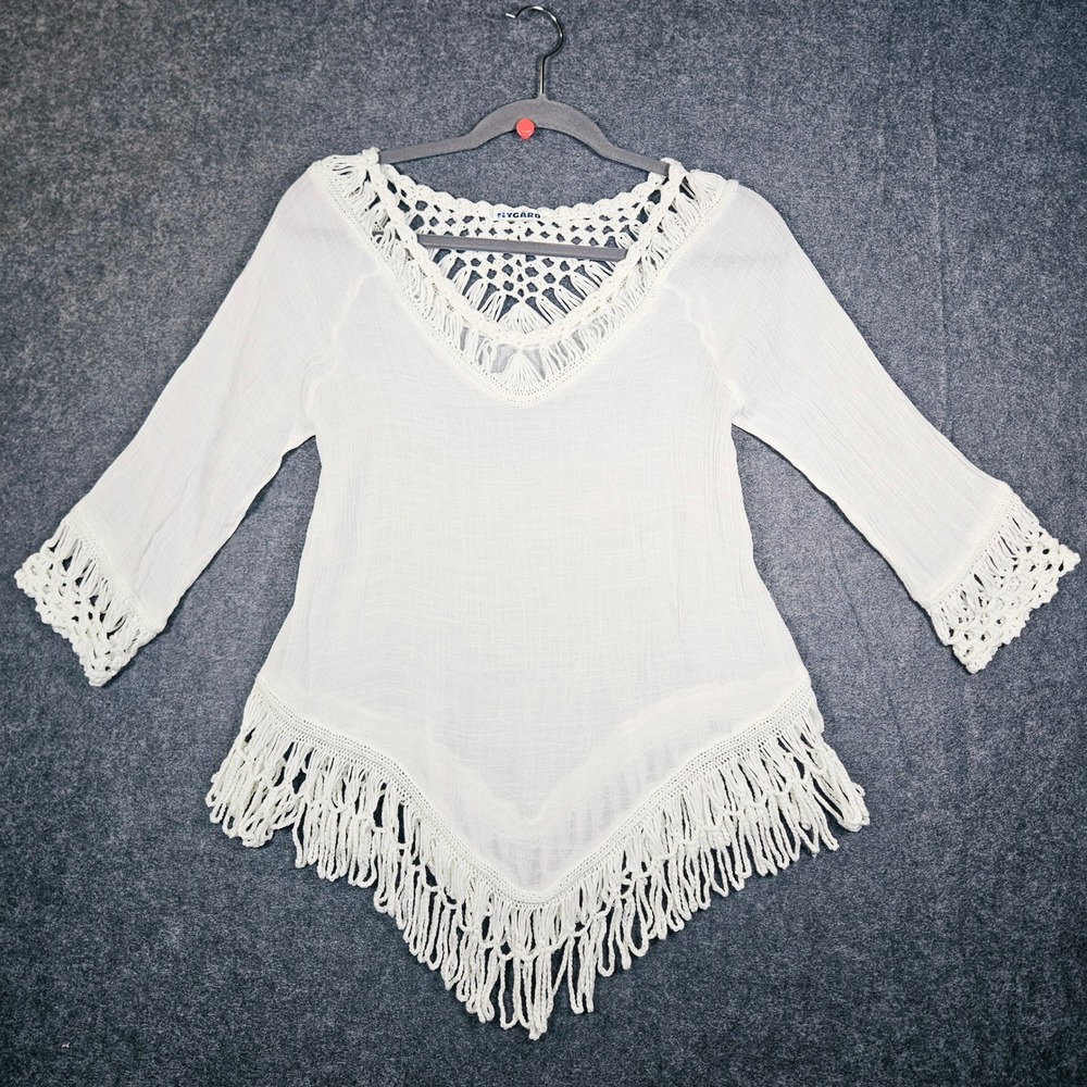 Nygard Womens White Crochet Fringe Boho Peasant Blouse Beachy Sheer Resort READ
